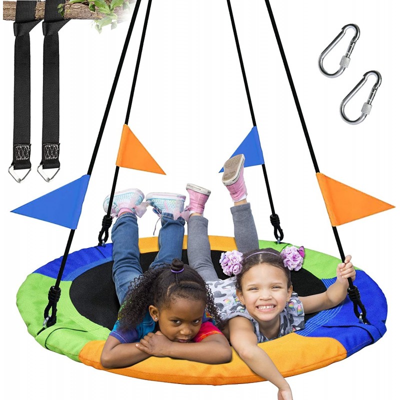 40 Inch Saucer Tree Swing Flying 660lb Weight Capacity 2 Added Hanging Straps Adjustable Multi-Strand Ropes Colorful Safe and...