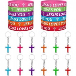 24Pcs Easter Jesus Loves You Silicone Bracelets and Cross Keychains Kit Colorful Rubber Wristbands Religious Jesus Key Rings ...