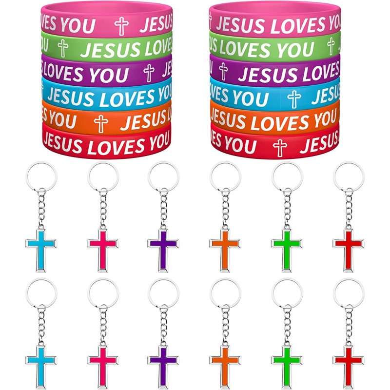 24Pcs Easter Jesus Loves You Silicone Bracelets and Cross Keychains Kit Colorful Rubber Wristbands Religious Jesus Key Rings ...