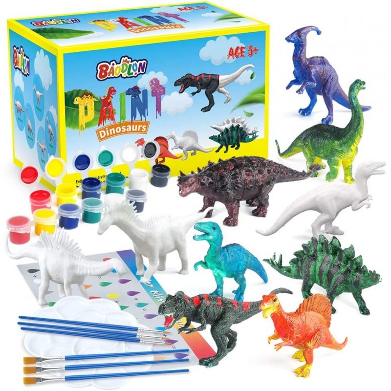 Kids Arts Crafts Set Dinosaur Toy Painting Kit - 10 Dinosaur Figurines Decorate Your Dinosaur Create a Dino World Painting To...