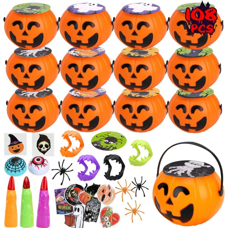 Halloween Party Favors for Kids Bulk Halloween Toys Prefilled Pumpkins Buckets Halloween Pinata Stuffers Halloween Bucket Goo...