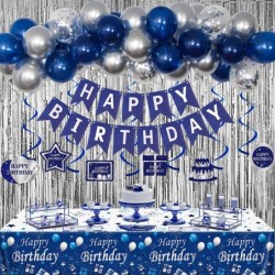 Blue Birthday Decorations for Men Navy Blue and Silver Happy Birthday Banner Birthday Balloons Party Decorations Tablecloth F...