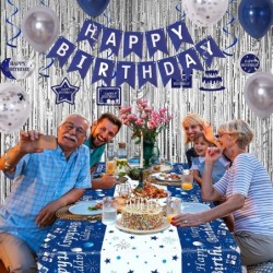 Blue Birthday Decorations for Men Navy Blue and Silver Happy Birthday Banner Birthday Balloons Party Decorations Tablecloth F...