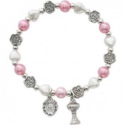 First Communion Pink and White Heart and Flower Bead Bracelet with Chalice and Miraculous Medal 6 1/2 Inch $22.52 Kids' Dress...