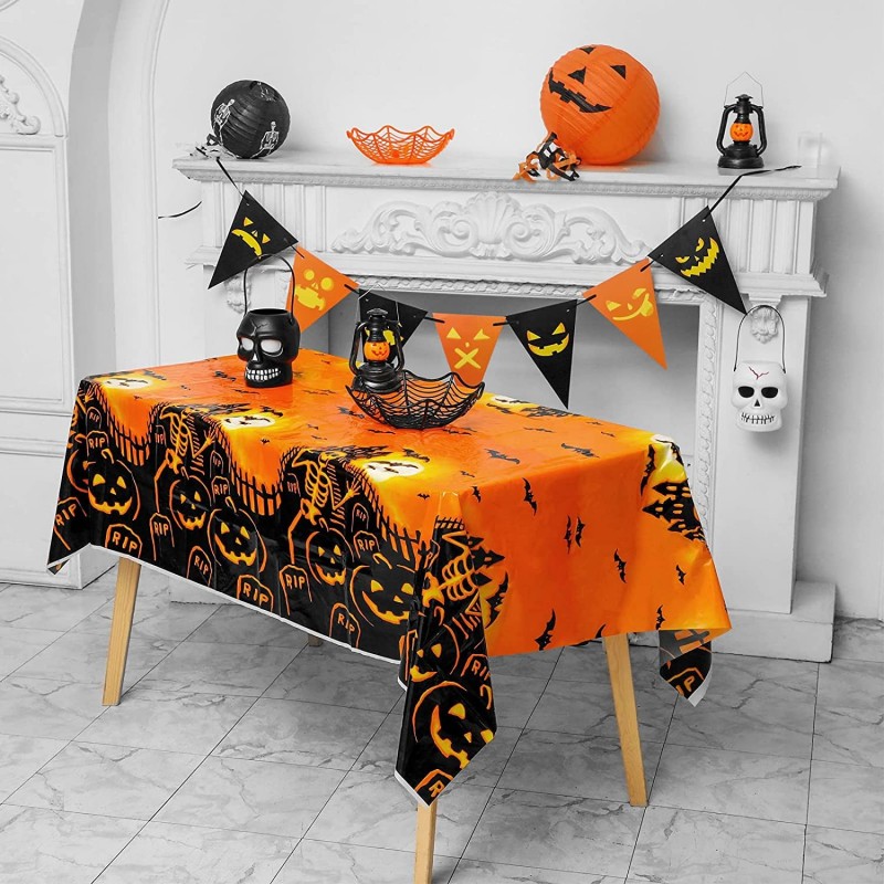 3pcs Halloween Plastic Tablecloth Waterproof Disposable Tablecloths of Different Sizes with Pumpkin Skeleton Bat Sunset and O...