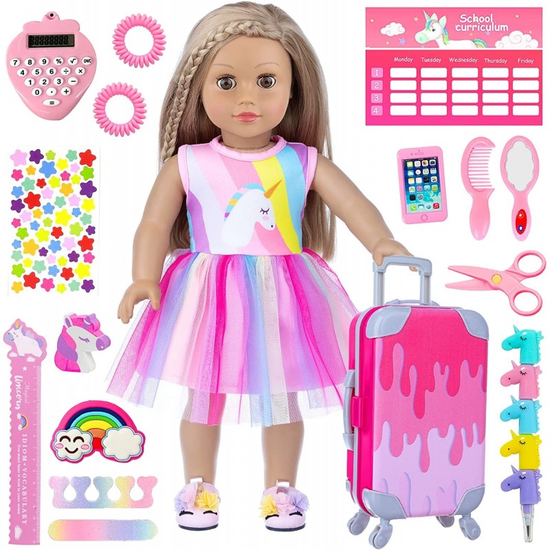 18 Inch Girl Doll Clothes and Accessories for Doll School Play Set Includes Suitcase Clothes Sticker Class Schedule Card Comb...