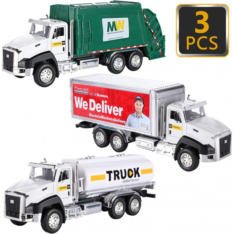 3 Pack Diecast Transport Vehicles Truck Toys Set Garbage Truck Tanker Truck Delivery Truck 1:50 Scale Pull Back Metal Model C...