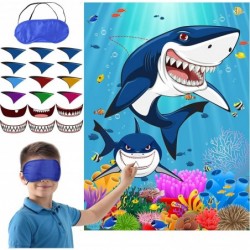 Pin The Fin on The Shark Games with 12 Pcs Fins Stickers 12 Pcs Teeth Stickers and 2 Pcs Blindfolds for Kids Shark Sea Birthd...