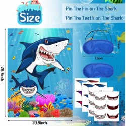 Pin The Fin on The Shark Games with 12 Pcs Fins Stickers 12 Pcs Teeth Stickers and 2 Pcs Blindfolds for Kids Shark Sea Birthd...