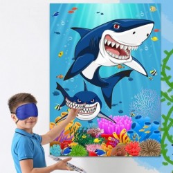 Pin The Fin on The Shark Games with 12 Pcs Fins Stickers 12 Pcs Teeth Stickers and 2 Pcs Blindfolds for Kids Shark Sea Birthd...