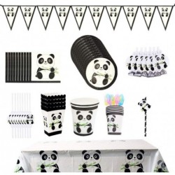 Panda Party Supplies 121 Pcs Panda Disposable Tableware Set with Panda Plates Cups Napkins Straws Banner Tablecloth Popcorn B...