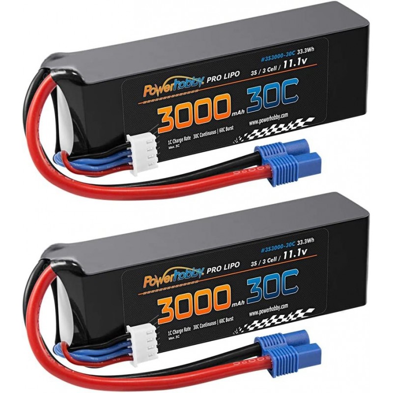 Powerhobby 3S 11.1V 3000mAh 30C Lipo Battery Pack w EC3 (2) Fits : Blade 350 QX QX2 QX3 Carbon-Z E-flite Apprentice Ultimate ...