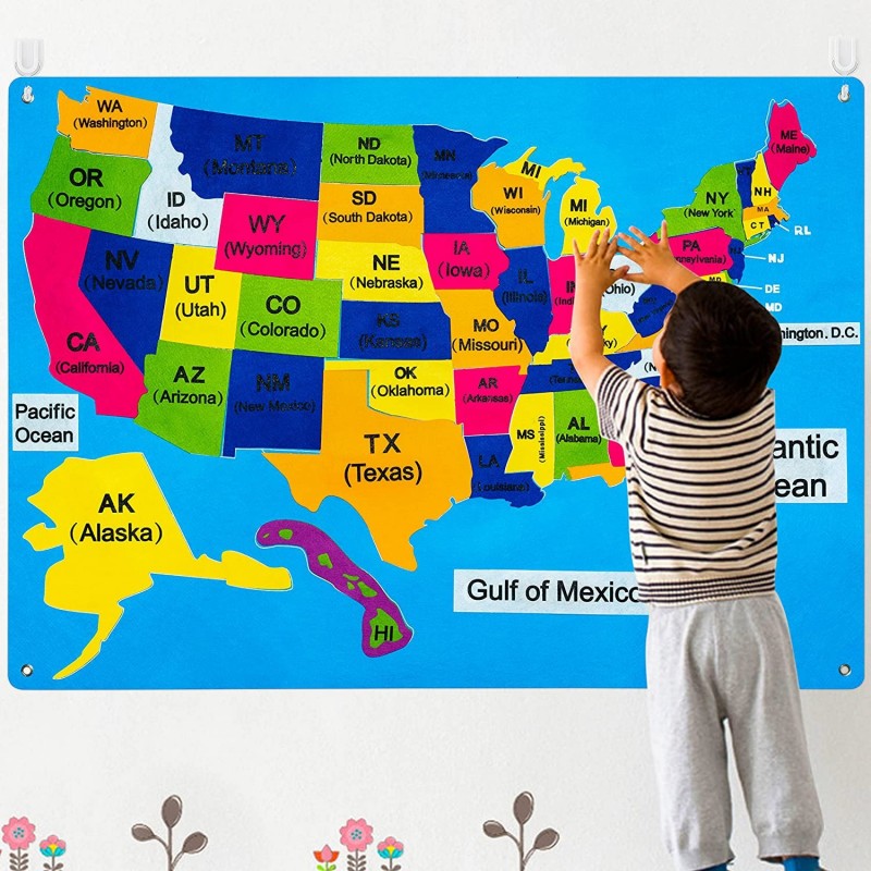 United States Map Felt-Board Stories Set 54Pcs Preschool Laminated Large USA Maps Poster Write on Capitals States Early Learn...