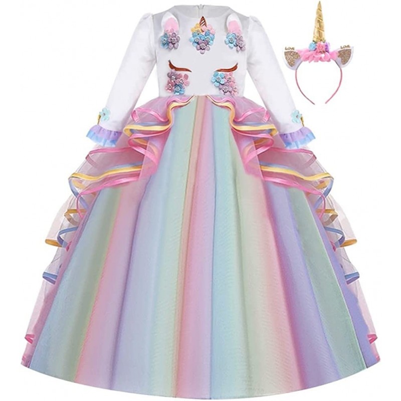 Girls Unicorn Birthday Princess Long Sleeve Wedding Pageant Party Maxi Dress Halloween Carnival Costume w/Headband $43.87 Kid...