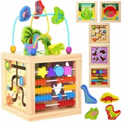 Wooden Baby Activity Cube 6-in-1 Montessori Toys Dinosaur Play Center Blocks Kids Bead Maze Shape Sorter Sensory Toys for Tod...