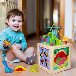 Wooden Baby Activity Cube 6-in-1 Montessori Toys Dinosaur Play Center Blocks Kids Bead Maze Shape Sorter Sensory Toys for Tod...