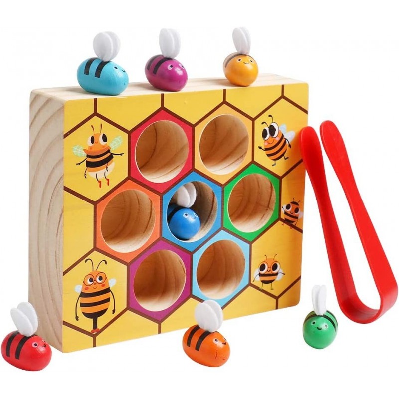 Fine Motor Toys Matching Game Toddler Learning Toys Montessori Wooden Lovely Bee Hive Toys Color Sorting for Baby Early Educa...