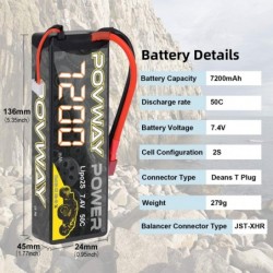 7200mAh 2S RC LiPo Battery 50C 7.4V High Capacity Hard Case with T Plug for RC Cars RC Truck RC Helicopter Drone Quadcopter (...