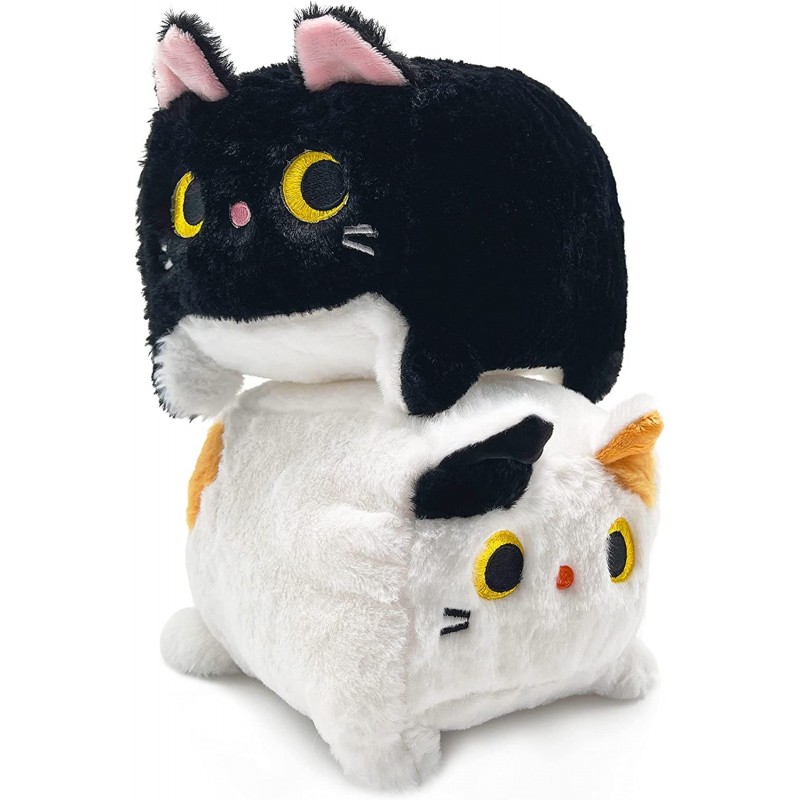 2PCS 7.87“ Square Black Cat Plush Toys Set Cute Kitty Plushie Cat Plushies Stuffed Animal Kawaii Boxy Matching Cat Doll Soft ...