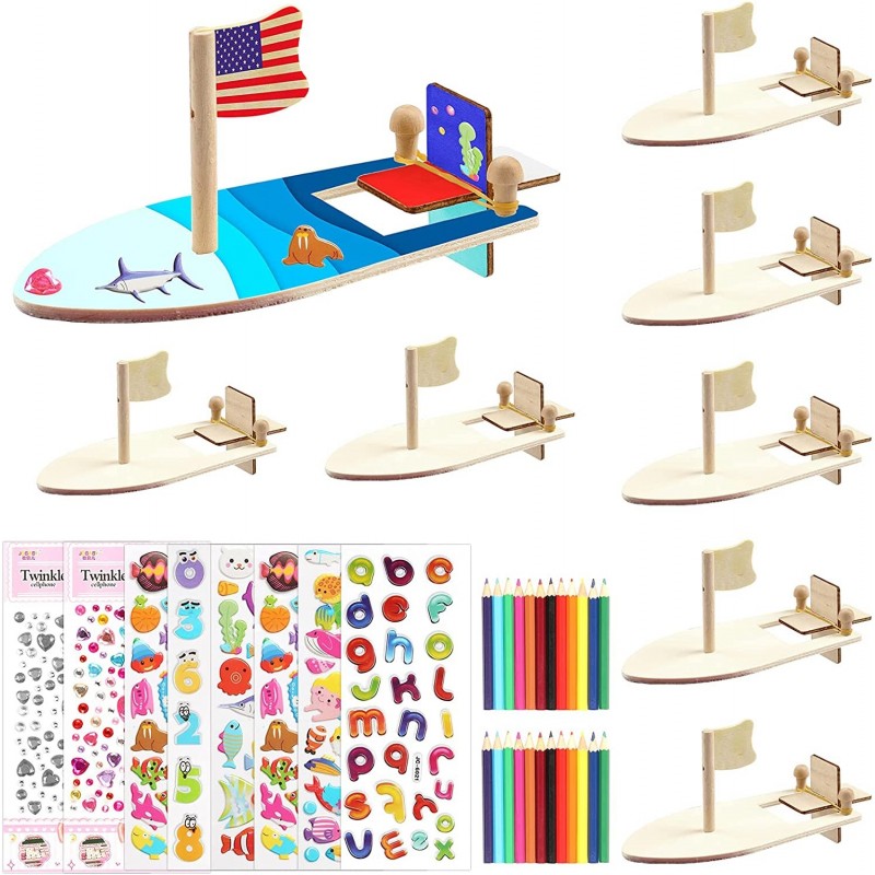 24 Pack DIY Wood Sailboat Rubber Band Paddle Boat Mini Boat Paint and Decorate Wooden Sailboat Craft Kits with Decorate Tools...