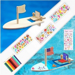 24 Pack DIY Wood Sailboat Rubber Band Paddle Boat Mini Boat Paint and Decorate Wooden Sailboat Craft Kits with Decorate Tools...