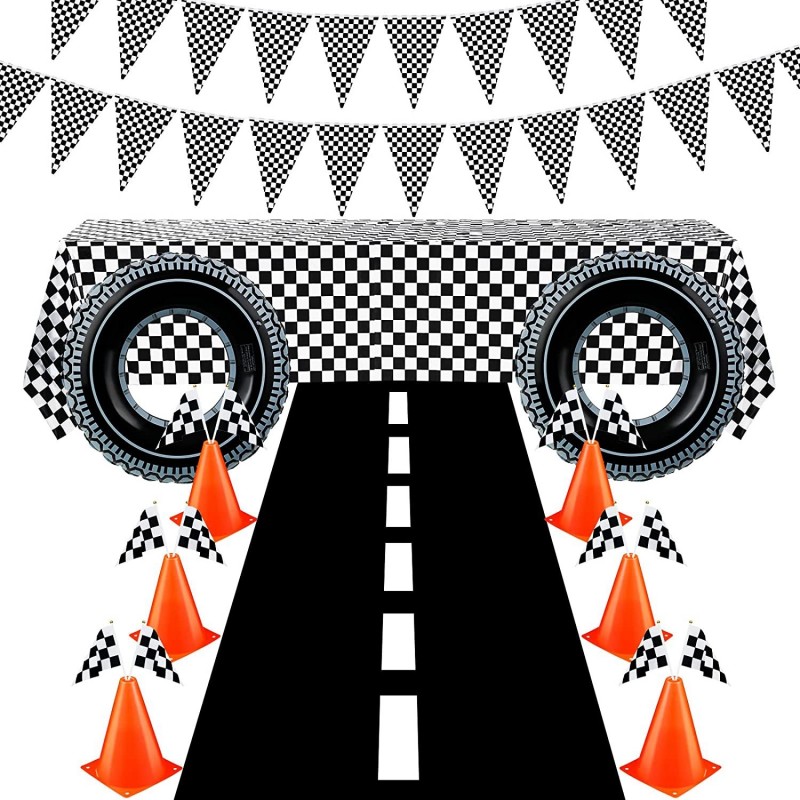 30 Pcs Checkered Racing Car Party Decorations Checked Race Flag Tablecloth Mini Traffic Cones Racing Pennant Banner Race Trac...