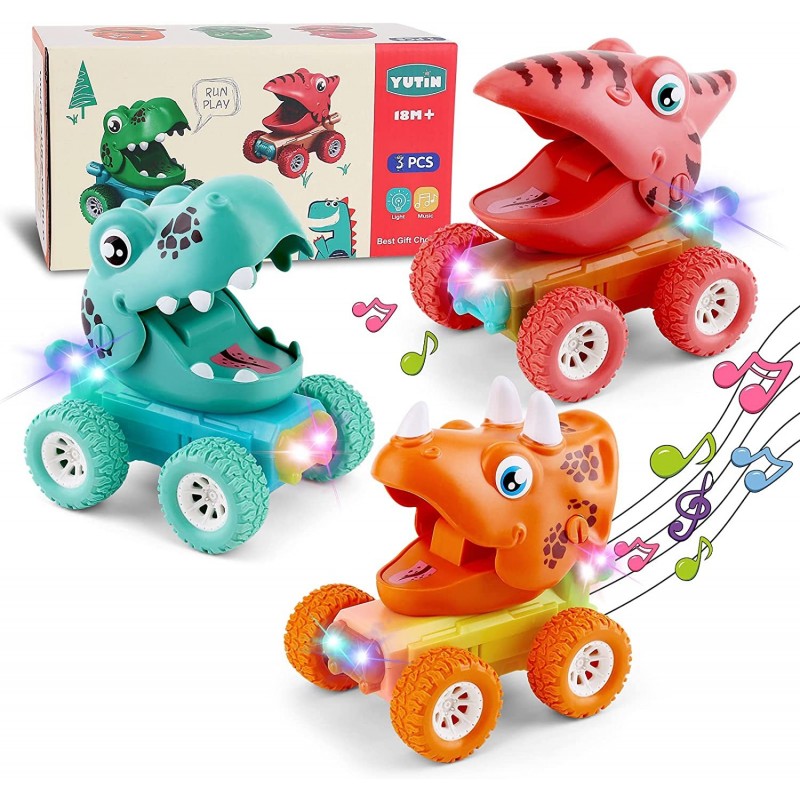 Baby Dinosaur Toy Cars for 1 2 3 Year Old Toddlers 3-Pack Press and Go Dino Trucks for Kids Infants Birthday Gift Toys Vehicl...