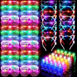 90 PCS Light up Party Favors Include LED Glow Glasses Shutter Shades Finger Lights LED Cat Ear Headband LED Sunglasses Glow i...