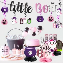 24Pcs Halloween Little Boo Baby Shower Decoration Set Glitter Pink and Black Little Boo Banner Hanging Swirl Honeycomb Center...