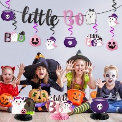 24Pcs Halloween Little Boo Baby Shower Decoration Set Glitter Pink and Black Little Boo Banner Hanging Swirl Honeycomb Center...