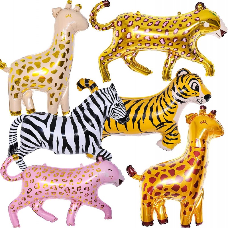 6 Pieces Giant Jungle Safari Animals Balloons Large Zebra Giraffe Leopard Cheetah Tiger Foil Balloons for Wild One Safari Zoo...