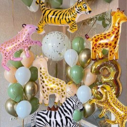 6 Pieces Giant Jungle Safari Animals Balloons Large Zebra Giraffe Leopard Cheetah Tiger Foil Balloons for Wild One Safari Zoo...