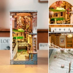 DIY Book Nook Kits Sakura Densya 3D Wooden Puzzle Decorative Bookend Miniature Model Kits with Lights Christmas Decoration/Cr...