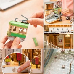 DIY Book Nook Kits Sakura Densya 3D Wooden Puzzle Decorative Bookend Miniature Model Kits with Lights Christmas Decoration/Cr...