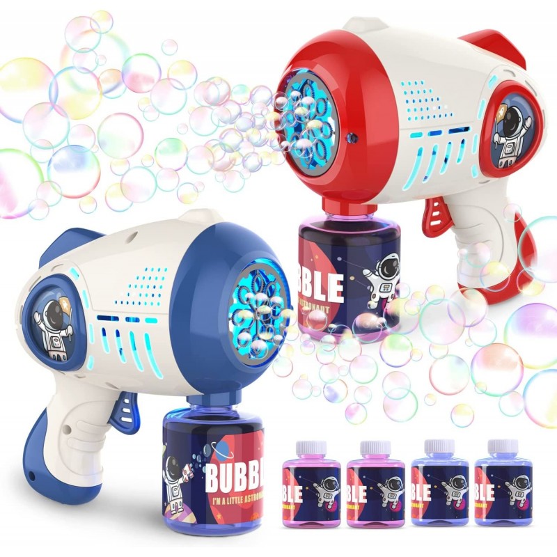 2 Bubble Guns Machine for Toddlers 8 Hole Light Up Bubble Maker with 4 Refill Solution for Kids Automatic Bubble Blower for B...