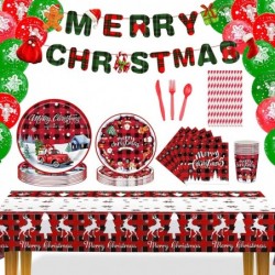 Christmas Party Supplies Christmas paper plates and napkins Disposable Dinnerware Set Includes Cups Tablecloths Christmas Ban...