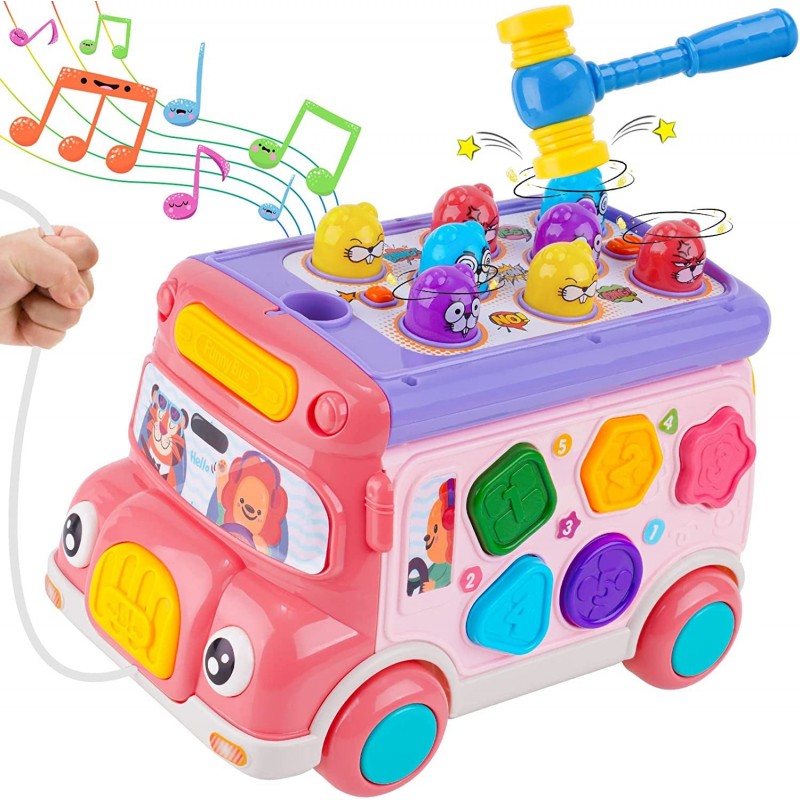 Pull Bus Toy with Lights & Sound Musical Learning Toys for Toddlers 3+ Shape Sorter Animal Matching Gear Clock Stickers Birth...