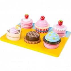 Wooden Cupcake and Cake Playset – 13 Piece Set - Cuttable Play Food with Interchangeable Velcro Toppings – Includes Serving T...