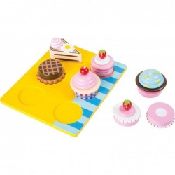 Wooden Cupcake and Cake Playset – 13 Piece Set - Cuttable Play Food with Interchangeable Velcro Toppings – Includes Serving T...