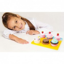 Wooden Cupcake and Cake Playset – 13 Piece Set - Cuttable Play Food with Interchangeable Velcro Toppings – Includes Serving T...