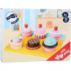 Wooden Cupcake and Cake Playset – 13 Piece Set - Cuttable Play Food with Interchangeable Velcro Toppings – Includes Serving T...