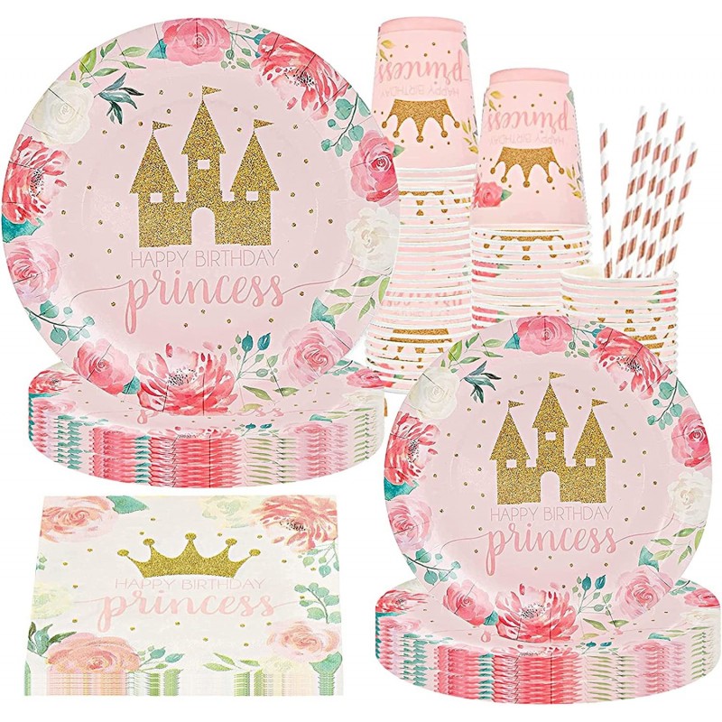 Princess Party Supplies-Princess Party Tableware Set Include Princess Castle Plates Napkins Cups Straws for Girls Princess Ba...