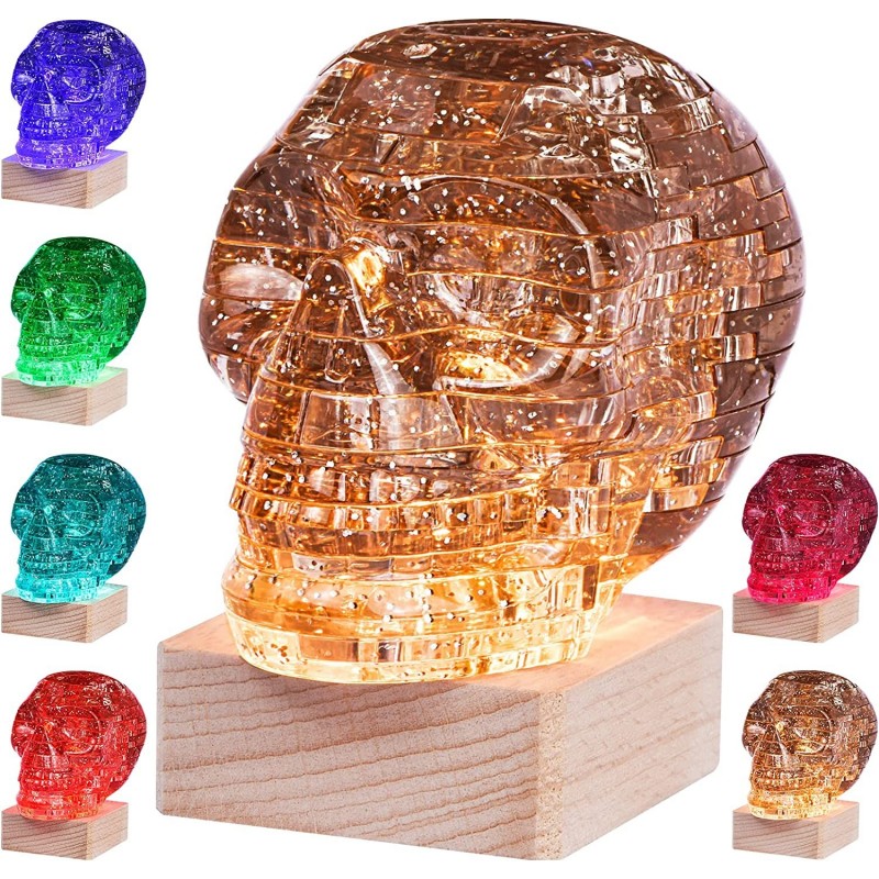 3D Skull Crystal Puzzle Skull Assembly Brain Teaser with Light-Up Wood Base for Halloween Decorations Outdoor Plastic Skull D...