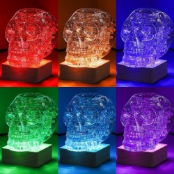 3D Skull Crystal Puzzle Skull Assembly Brain Teaser with Light-Up Wood Base for Halloween Decorations Outdoor Plastic Skull D...