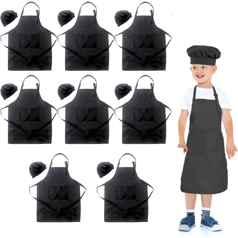 Toal 16 Pieces Kids Children Black Aprons Chef Hat Kids Chef Kitchen Adjustable Bib Aprons with 2 Pockets for Girls Boys Pain...