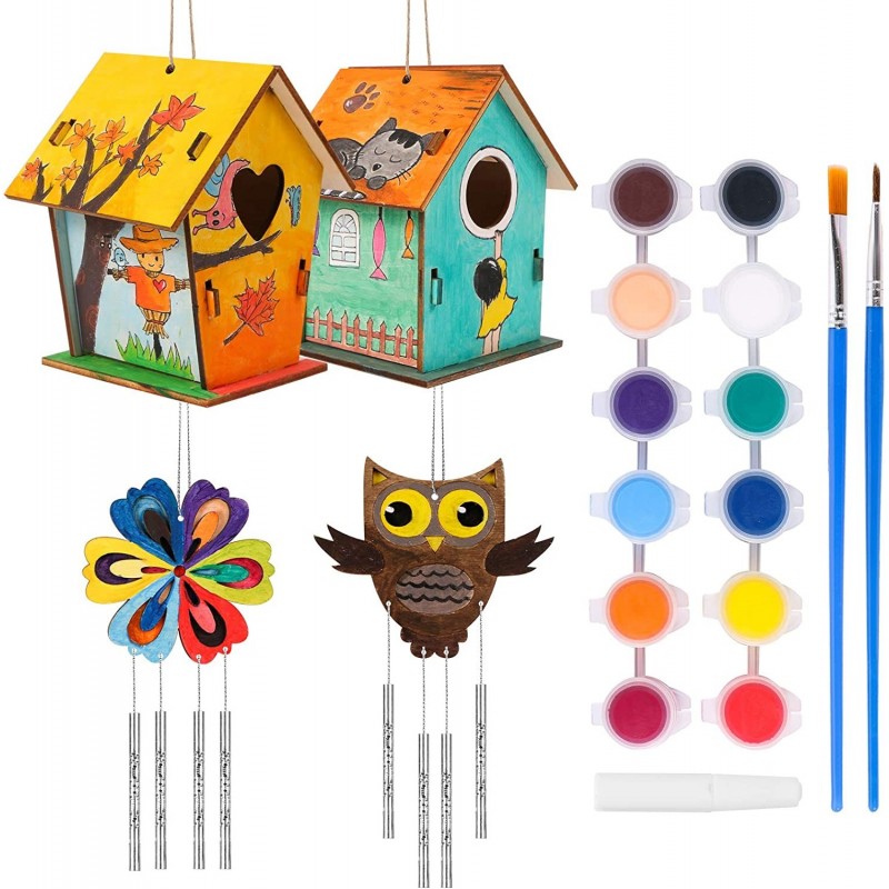 2021 New Wooden Bird House Kits Wood Wind Chime Building and Painting Craft Kit Kids Activities Crafts Hanging Set Creative A...